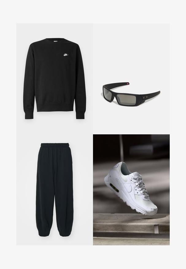 Svart sweatshirt i bomull med rund halsringning, långa ärmar och en liten vit Nike-logotyp på övre vänstra bröstet.; Svarta, elastiska sweatpants med lös passform, mudd vid anklarna, slät textur och utan synliga mönster eller detaljer i metall.; Vita Nike Air Max 90 sneakers med en ovandel i mesh och läder, perforerad tåbox och en synlig luftenhet i hälen.; Svarta solglasögon med matt yta, rektangulära linser, lätt kurva vid skalmarna, diskret logotypdetalj och rökfärgade linser.