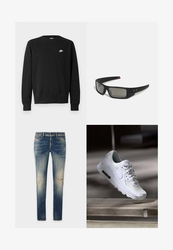 Sudadera negra de algodón, con cuello redondo, mangas largas y un pequeño logo blanco de Nike en el pecho superior izquierdo.; Jeans de mezclilla azul de corte ajustado, con un lavado desgastado, sutiles marcas de desgaste y un desgarrón en la rodilla izquierda. Diseño clásico de cinco bolsillos.; Zapatilla Nike Air Max 90 blanca con parte superior de malla y cuero, caja de puntera perforada y unidad de aire visible en el talón.; Gafas de sol negras con acabado mate, lentes rectangulares, ligera curvatura en las patillas, sutil detalle del logo y lentes ahumados.