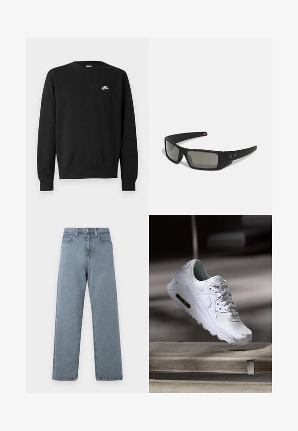 Juodas medvilninis džemperis su apvalia iškirpte, ilgomis rankovėmis ir mažu baltu „Nike“ logotipu viršutinėje kairėje krūtinės pusėje.; Šviesiai mėlynos džinsinės kelnės su tiesiu sijonu, penkiomis kišenėmis, metaliniu mygtuko uždarymu ir šiek tiek nublukinta tekstūra.; Baltos Nike Air Max 90 sportbačiai su.comi ir odos viršumi, perforuota pirštų dėžute ir matomu oro pagalvėle kulne.; Juodi akiniai saulės su matinio paviršiaus užbaigimu, stačiakampiai lęšiai, švelnus lenkimas ant šventyklų, subtilus logotipo detalizavimas ir dūminiai lęšiai.