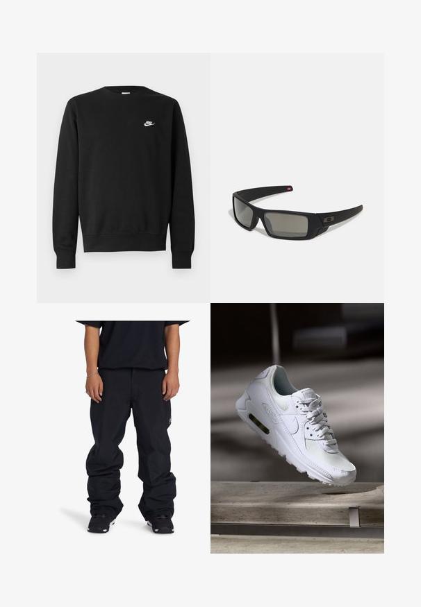 Czarna bluza z bawełny, z okrągłym dekoltem, długimi rękawami i małym białym logo Nike na górnej lewej stronie klatki piersiowej.; DC Shoes - Spodnie snowboardowe; Białe sneakersy Nike Air Max 90 z siateczkowym i skórzanym wierzchem, perforowanym czubkiem oraz widoczną jednostką Air w pięcie.; Czarne okulary przeciwsłoneczne z matowym wykończeniem, prostokątne soczewki, lekko wygięte zauszniki, subtelny detal z logo oraz szkła w odcieniu dymnym.
