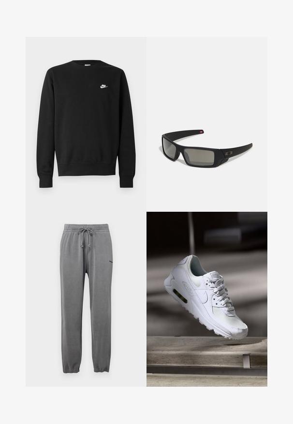 Svart genser i bomull med rund hals, lange ermer og en liten hvit Nike-logo øverst til venstre på brystet.; Abercrombie & Fitch TIMELESS CINCH - Joggebukse - volcanic glass; Hvit Nike Air Max 90 sneakers med øvre del laget av mesh og skinn, perforert tåboks og en synlig luftenhet i hælen.; Sorte solbriller med mat finish, rektangulære linser, lett kurv på brillestengene, diskret logo detaljer, og røyktinted linser.