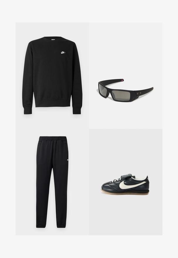 Czarna bluza z bawełny, z okrągłym dekoltem, długimi rękawami i małym białym logo Nike na górnej lewej stronie klatki piersiowej.; Czarne spodnie sportowe wykonane z miękkiego materiału, z elastycznym pasem, dwoma bocznymi kieszeniami i ściągaczami u dołu, które zapewniają dopasowany wygląd.; Czarne skórzane sneakersy z białym logo w kształcie łyżwy, z zapięciem na sznurówki, rzepem oraz gumową podeszwą z teksturowanym wzorem. Prezentowany widok z boku.; Czarne okulary przeciwsłoneczne z matowym wykończeniem, prostokątne soczewki, lekko wygięte zauszniki, subtelny detal z logo oraz szkła w odcieniu dymnym.