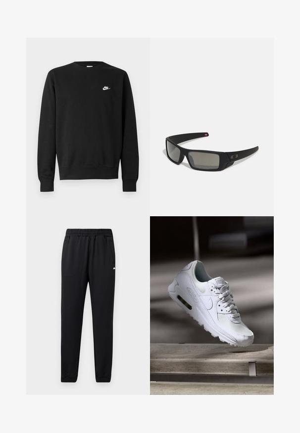 Črni pulover iz bombaža z okroglim izrezom, dolgimi rokavi in majhnim belim logotipom Nike na zgornjem levem delu prsnega koša.; Črne športne hlače iz mehkega blaga, z elastičnim pasom, dvema stranskima žepoma in manšetami na koncu za prilega videz.; Bela Nike Air Max 90 športna obutev z mrežastim in usnjenim zgornjim delom, perforiranim prstnim delom in vidno zračno enoto v peti.; Crne sončne naočale s mat površinom, pravokutne leće, blagi luk na sljepilima, diskretna oznaka i leće sa dimnim nijansama.