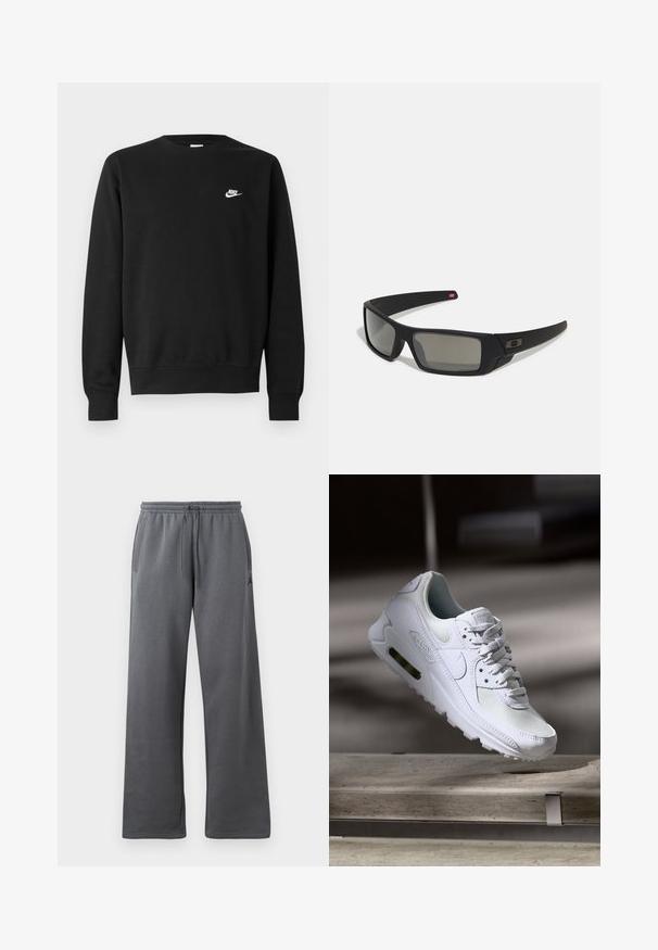Black sweatshirt made of cotton, featuring a round neck, long sleeves, and a small white Nike logo on the upper left chest.; Gray sweatpants with a relaxed fit, made of soft fabric. Features an elastic waistband with drawstring and side pockets.; White Nike Air Max 90 sneaker featuring a mesh and leather upper, perforated toe box, and a visible air unit in the heel.; Black sunglasses with a matte finish, rectangular lenses, slight curve on temples, subtle logo detail, and smoke-tinted lenses.