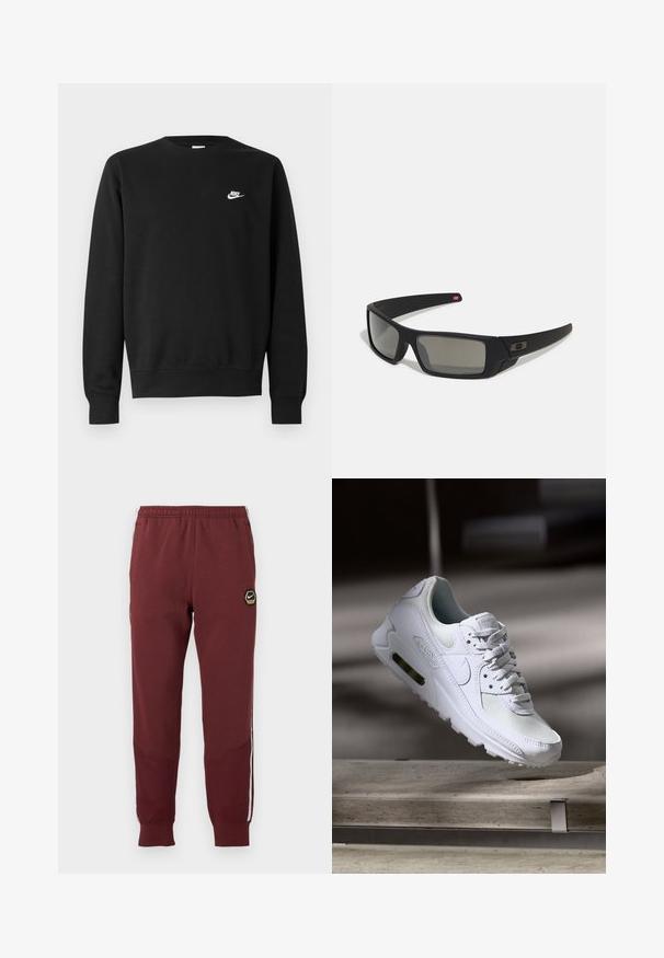 Melnā džemperis no kokvilnas ar apaļu izgriezumu, gariem piedurknēm un mazu balto Nike logotipu augšējā kreisajā krūtī.; Bordo sporta bikses ar sešstūrainu Nike logotipu, elastīgu jostasvietu, divām sānu kabatām un baltām sānu svītrām. Tekstūrēts audums ar sašaurinātu kāju dizainu.; Baltas Nike Air Max 90 sporta apavi ar sietu un ādas augšdaļu, caurspīdīgu pirksta daļu un redzamu gaisa vienību papēdī.; Melni saulesbrilles ar matētu apdari, taisnstūra lēcām, nedaudz izliektiem tempļiem, smalkiem logotipa elementiem un dūmu nokrāsas lēcām.