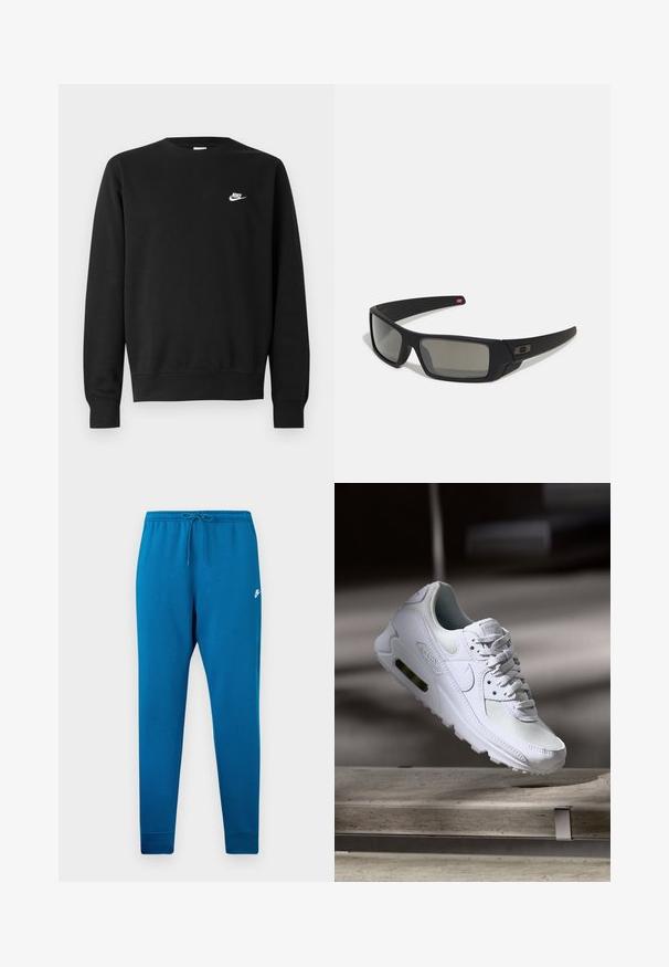Melnā džemperis no kokvilnas ar apaļu izgriezumu, gariem piedurknēm un mazu balto Nike logotipu augšējā kreisajā krūtī.; Zilas sporta bikses ar elastīgu jostasvietu un regulējamu auklu. Ietver baltu logotipu uz augšstilba un sašaurinātas aproces pie potītēm.; Baltas Nike Air Max 90 sporta apavi ar sietu un ādas augšdaļu, caurspīdīgu pirksta daļu un redzamu gaisa vienību papēdī.; Melni saulesbrilles ar matētu apdari, taisnstūra lēcām, nedaudz izliektiem tempļiem, smalkiem logotipa elementiem un dūmu nokrāsas lēcām.