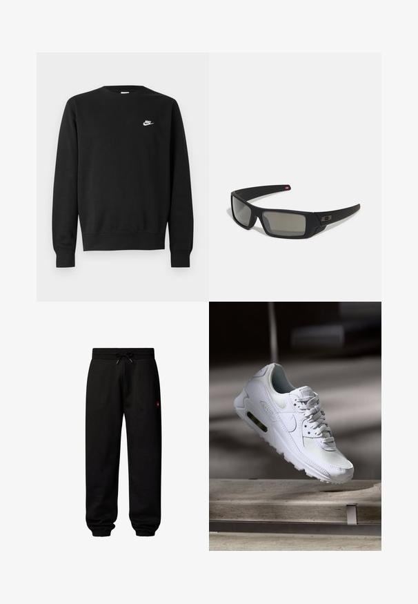Černá bavlněná mikina s kulatým výstřihem, dlouhými rukávy a malým bílým logem Nike na levé horní části hrudi.; Černé tepláky z bavlny s elastickým pasem a šňůrkou. Manžety jsou elastické. Vybaveny malou červenou nášivkou s logem.; Bílé tenisky Nike Air Max 90 s vrchním materiálem z textilu a kůže, perforovanou špičkou a viditelnou vzduchovou jednotkou v patě.; Černé sluneční brýle s matným povrchem, obdélníkové čočky, mírná křivka na spáncích, nenápadný detail loga a čočky s kouřovým zabarvením.
