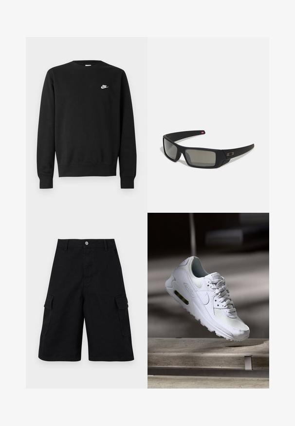 Hanorac negru din bumbac, cu guler rotund, mâneci lungi și un mic logo alb Nike pe partea superioară stângă a pieptului.; Shorts cargo negri realizati dintr-un material durabil. Au două buzunare laterale, fermoar la bragu, și un talie simplă cu un nasture metalic.; Adidașii Nike Air Max 90 albi, având un superior din plasă și piele, cutie pentru degete perforată și o unitate de aer vizibilă în călcâie.; Ochelari de soare negri cu o finisare mată, lentile dreptunghiulare, curbură ușoară pe bănci, detaliu subtil cu logo și lentile cu tentă fumurie.