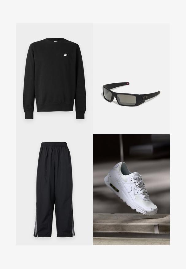 Black sweatshirt made of cotton, featuring a round neck, long sleeves, and a small white Nike logo on the upper left chest.; Black, lightweight pants made from nylon with an elastic waistband, featuring white side stripes and a loose, cropped fit.; White Nike Air Max 90 sneaker featuring a mesh and leather upper, perforated toe box, and a visible air unit in the heel.; Black sunglasses with a matte finish, rectangular lenses, slight curve on temples, subtle logo detail, and smoke-tinted lenses.