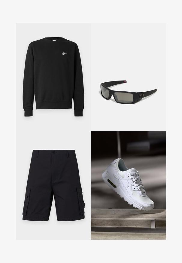 Sweatshirt preta de algodão, com gola redonda, mangas compridas e pequeno logótipo branco da Nike no lado superior esquerdo do peito.; Calças curtas cargo pretas com corte reto, fabricadas em tecido durável. Apresenta dois bolsos laterais e fecho com botão.; Sapatilha Nike Air Max 90 branca com parte superior em malha e couro, caixa de dedos perfurada e uma unidade de ar visível no calcanhar.; Óculos de sol pretos com acabamento mate, lentes retangulares, leve curvatura nas hastes, detalhe sutil do logo e lentes de cor fumada.