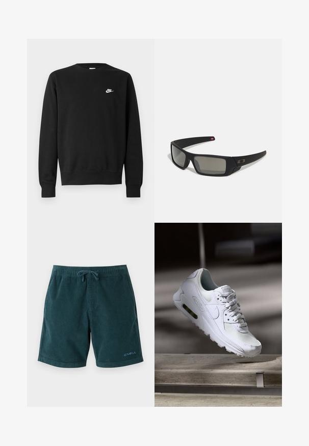 Črni pulover iz bombaža z okroglim izrezom, dolgimi rokavi in majhnim belim logotipom Nike na zgornjem levem delu prsnega koša.; Temno turkizne korodurne kopalne hlače z elastičnim pasom in vrvico. Na spodnjem desnem delu hlač je logotip. Gladka tekstura, dolžina do kolen.; Bela Nike Air Max 90 športna obutev z mrežastim in usnjenim zgornjim delom, perforiranim prstnim delom in vidno zračno enoto v peti.; Crne sončne naočale s mat površinom, pravokutne leće, blagi luk na sljepilima, diskretna oznaka i leće sa dimnim nijansama.