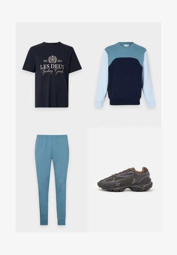 Sudadera azul de algodón. Presenta un diseño en bloques de color con paneles en teal, azul marino y azul claro. Incluye un pequeño logo en el pecho.; Camiseta de algodón azul marino con mangas cortas. Presenta texto blanco: "LES DEUX Sporting Goods EST. 2011" y un diseño de logo circular.; Pantalones de chándal azul claro fabricados en un tejido suave, con un diseño ajustado, cinturilla elástica y dobladillos con puños. Logo pequeño en un lado.; Zapatillas Lacoste en gris oscuro con material de malla y sintético, que cuentan con una suela texturizada y detalles en marrón en el cuello y la marca.