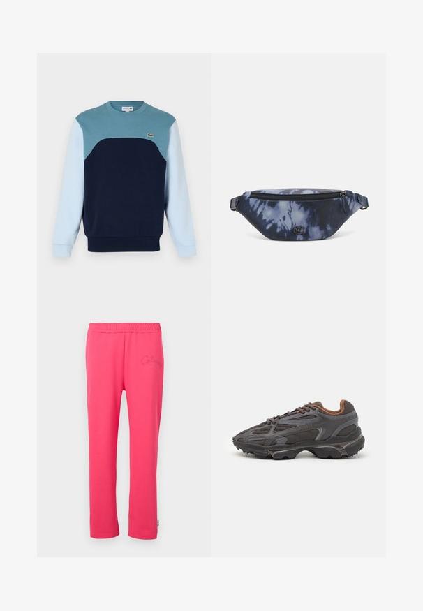Niebieska bluza z bawełny. Posiada wzór w blokach kolorystycznych z panelami w kolorze teal, granatowym i jasnoniebieskim. Zawiera małe logo na piersi.; Różowe bawełniane spodnie dresowe z elastycznym pasem i haftowanym logo z przodu. Posiadają prosty krój nogawek.; Sneakers Lacoste w ciemnoszarym kolorze, wykonane z siateczki i materiału syntetycznego, z teksturowaną podeszwą oraz brązowymi akcentami na kołnierzu i logotypie.; Saszetka w ciemnoniebieski wzór tie-dye z zamkiem błyskawicznym na górze, teksturowany materiał i wyraźny detal z logo z przodu.