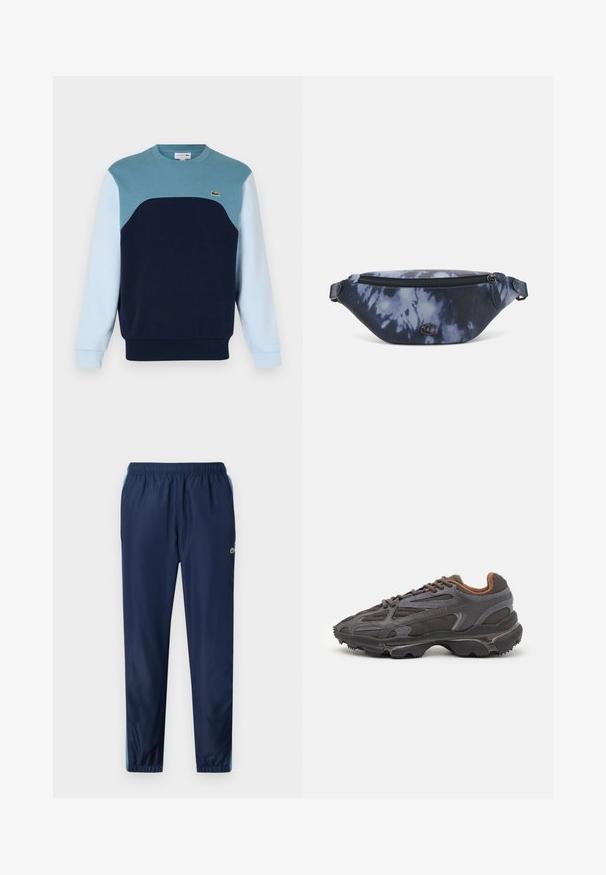 Blue sweatshirt made of cotton. Features a color-block design with teal, navy, and light blue panels. Includes a small logo on the chest.; Navy blue sports pants with an elastic waistband, tapered legs, and light blue accents along the sides; made from a lightweight, smooth material.; Lacoste sneakers in dark gray with mesh and synthetic material, featuring a textured sole and brown accents on the collar and branding.; Fanny pack in dark blue tie-dye print with a zippered top, textured material, and a prominent logo detail on the front.