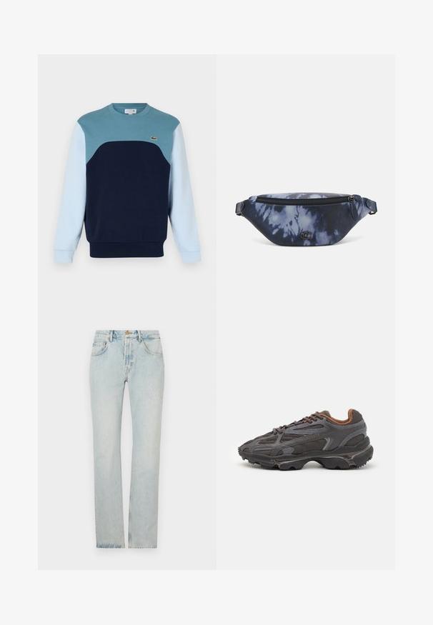 Zilais krekls ar kapuci, kas izgatavots no kokvilnas. Iezīmēts ar krāsu bloku dizainu, kas sastāv no tirkizkrāsas, tumši zila un gaiši zilā paneļiem. Satur mazu logotipu uz krūtīm.; Gai zila džinsu bikses ar taisnu griezumu, piecu kabatu dizainu un rāvējslēdzēju. Audumam ir viegls nodilums, lai iegūtu nēsātu izskatu.; Lacoste kedas tumši pelēkā krāsā ar acu audumu un sintētisko materiālu, ar teksturētu zoli un brūniem akcentiem apkaklītē un zīmola uzrakstā.; Tums soma tumšzilā krāsojumā ar rāvējslēdzēju augšpusē, teksturēta materiāla un izcili redzamu logotipu priekšā.