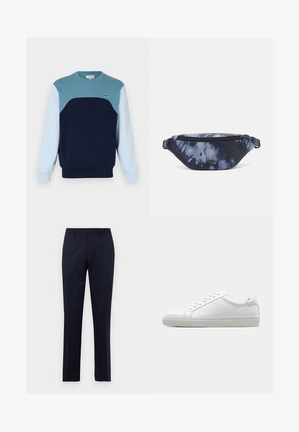 Mėlynas medvilninis džemperis. Yra spalvų blokų dizainas su žydru, tamsiai mėlynu ir šviesiai mėlynu audiniu. Ant krūtinės yra mažas logotipas.; Tamsiai mėlynos slim-fit klasikinės kelnės su diržo kilpomis ir paspaustomis priekinių raukšlių, rodoma prieš paprastą baltą foną.; Baltas sportinis batelis su lygiu odiniu paviršiumi ir žemu profiliu. Turi suapvalintą pirštą, šešis akių skyrius ir tekstūruotą gumos padą.; Tamsiai mėlyna fanny pakelė su tamsių dažų raštu, užtrauktuku viršuje, tekstūruota medžiaga ir akcentuota logotipo detalė priekyje.