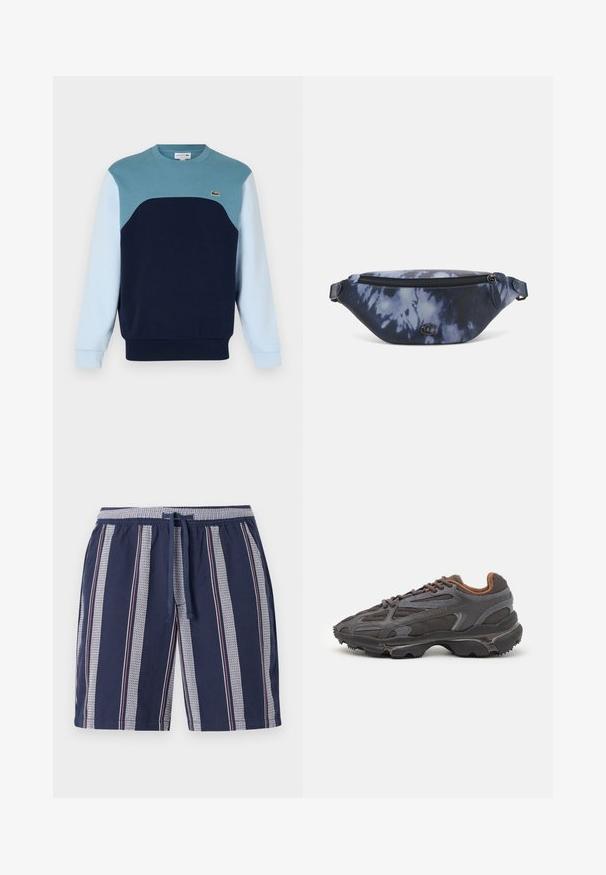 Blauer Sweatshirt aus Baumwolle. Verfügt über ein Farbblockdesign mit türkisfarbenen, navyblauen und hellblauen Paneelen. Enthält ein kleines Logo auf der Brust.; Marineblaue Badehose mit vertikal gestreiftem Muster in Weiß und Rot, elastischem Taillenbund und Kordelzug, aus leichtem Stoff gefertigt.; Lacoste Sneaker in Dunkelgrau aus Mesh und Synthetikmaterial, mit einer strukturierten Sohle und braunen Akzenten am Kragen und Logo.; Bauchtasche im dunkelblauen Batikdruck mit einem Reißverschluss oben, strukturiertem Material und einem auffälligen Logodetail auf der Vorderseite.