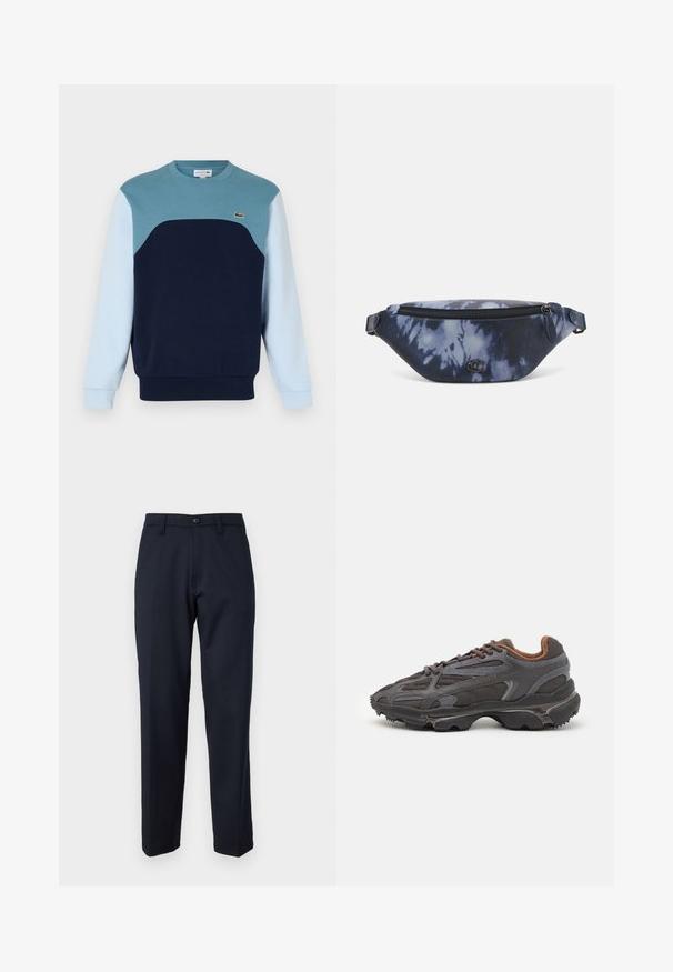 Blue sweatshirt made of cotton. Features a color-block design with teal, navy, and light blue panels. Includes a small logo on the chest.; Navy blue trousers made of smooth fabric, featuring a front button, straight-leg design, and side pockets. No patterns or embellishments visible.; Lacoste sneakers in dark gray with mesh and synthetic material, featuring a textured sole and brown accents on the collar and branding.; Fanny pack in dark blue tie-dye print with a zippered top, textured material, and a prominent logo detail on the front.