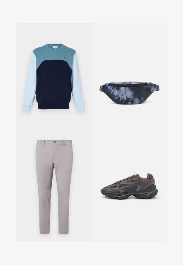 Sweatshirt bleu en coton. Présente un design coloré avec des panneaux bleu sarcelle, bleu marine et bleu clair. Comprend un petit logo sur la poitrine.; Chinos en coton gris avec une texture lisse, coupe slim, fermeture à bouton à l'avant et poches latérales. Design à la longueur des chevilles avec un minimum de détails.; Baskets Lacoste en gris foncé, en matériau mesh et synthétique, avec une semelle texturée et des accents marron sur le col et le branding.; Sac banane en imprimé tie-dye bleu marine avec un dessus zippé, en matériau texturé et un logo en évidence sur le devant.