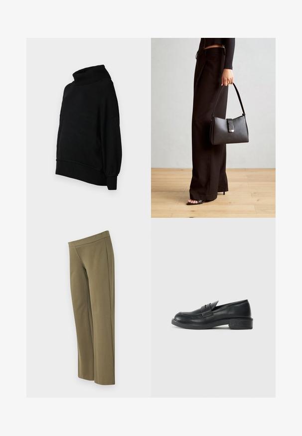 Black turtleneck sweater with a relaxed fit, ribbed texture, and balloon sleeves. Made from soft fabric with a hem that hits at the waist.; Olive green, wide-leg pants made of soft fabric, featuring a smooth waistband and minimal seams for a clean look.; Black leather loafers with a rounded toe, stitched detailing, and a small heel. Smooth texture and a flexible rubber sole.; Black handbag with structured shape, smooth texture, and a metallic clasp. Paired with wide black pants and open-toe sandals on wooden floor.