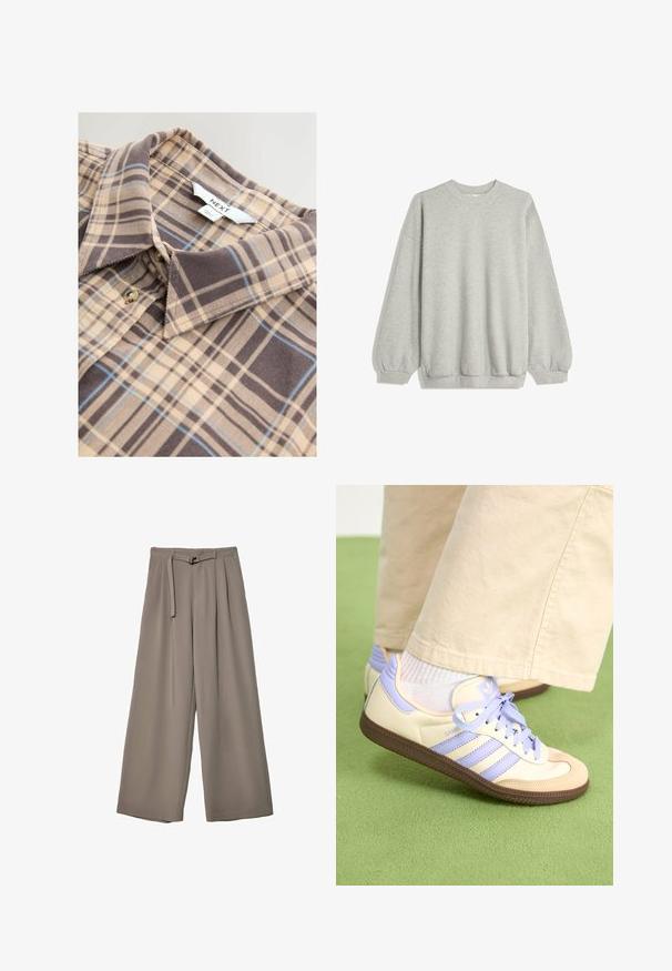 Sweatshirt gris en tissu doux, avec un col rond, des manches longues à poignets élastiques et une coupe décontractée. Pas de motifs ni d'accents.; Chemise beige à carreaux bruns et bleus, avec col et fermeture à boutons. Fabriquée en tissu doux avec une texture lisse.; Pantalons évasés en tissu gris doux et muted, avec une taille ceinturée et des plis pour un détail de design supplémentaire. Texture lisse, sans motifs.; Baskets crème et lavande avec trois bandes et une semelle marron texturée, dotées de lacets et d'un talon rembourré. Tige en tissu doux.