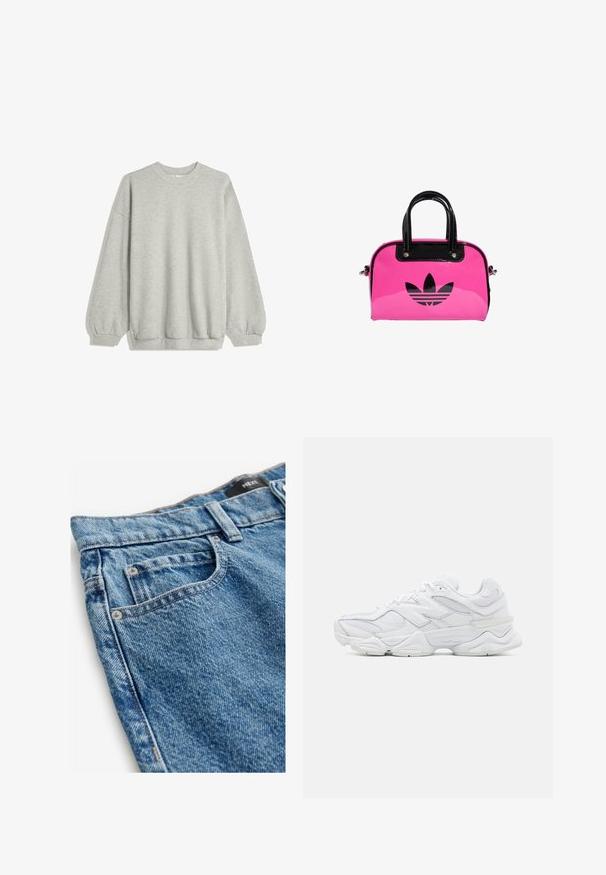 Felpa grigia realizzata in morbido tessuto, caratterizzata da un collo tondo, maniche lunghe con polsini elastici e una vestibilità rilassata. Senza motivi né decorazioni.; Jeans in denim di blu medio con una texture scolorita. Le caratteristiche includono cinque tasche, rivetti in rame e dettagli cuciti lungo le cuciture.; Scarpe sportive bianche con una tomaia in mesh e pelle, punta arrotondata, design a strati e suola imbottita per il massimo comfort.; Borsa a mano in vernice rosa con logo e manici neri, caratterizzata da una forma arrotondata e chiusura con zip. La texture lucida aumenta la visibilità.
