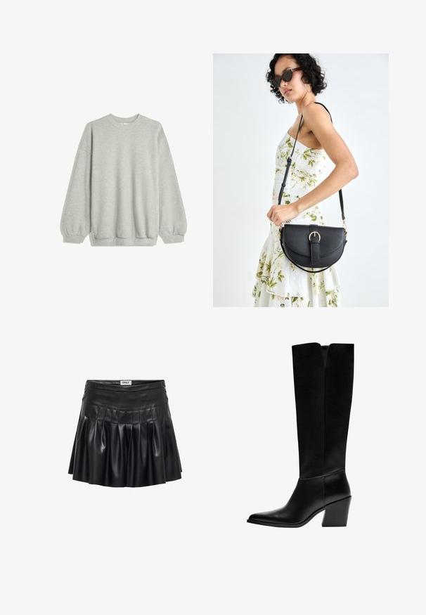 Grijze sweatshirt van zacht materiaal, met een ronde hals, lange mouwen met elastische manchetten en een relaxte pasvorm. Geen patronen of accenten.; Zwarte nep leren rok met plooien, een aansluitende taille en decoratieve hardware aan de zijkanten. Glad materiaal met een glanzende afwerking.; Zwarte laarzen tot de knie van soepel leer, met een puntige neus, een blokhak en een V-vormige uitsparing aan de bovenkant.; Zwarte leren handtas met een gebogen vorm, afneembare schouderband en gouden hardware. De tas heeft een klep met een gespsluiting.