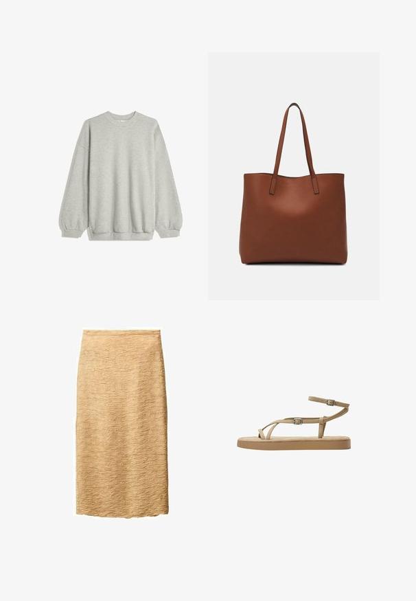 Gray sweatshirt made of soft fabric, featuring a crew neck, long sleeves with elastic cuffs, and a relaxed fit. No patterns or accents.; Beige pencil skirt with a textured surface, featuring a subtle wave pattern. Knee-length and constructed from a lightweight fabric.; Tan sandals with slim straps, buckle detail, and a cushioned sole. The straps are made of a soft material, designed for comfort and breathability.; Brown leather tote bag with a smooth texture, open top design, and two shoulder straps. Features minimal stitching and no visible hardware.