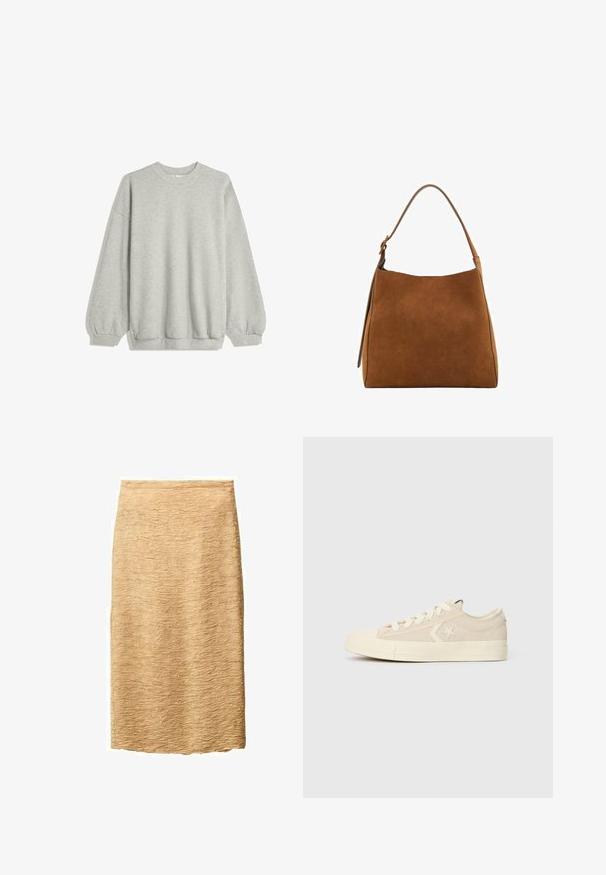 Grijze sweatshirt van zacht materiaal, met een ronde hals, lange mouwen met elastische manchetten en een relaxte pasvorm. Geen patronen of accenten.; Beige kokerrok met een gestructureerd oppervlak, voorzien van een subtiel golfpatroon. Knielang en gemaakt van een lichte stof.; Lichtbeige canvas sneakers met een textuurafwerking, rubberen neuskap en ronde veters. Heeft een sterlogo en een low-profile ontwerp.; Bruine suède schoudertas met een gebogen bovenkant, enkele strap en een gladde textuur. Kenmerkt zich door een minimalistisch ontwerp en strakke lijnen.