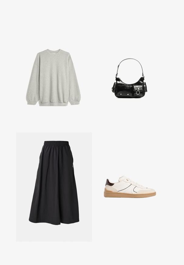 Grauer Kapuzenpullover aus weichem Stoff, mit Rundhalsausschnitt, langen Ärmeln mit elastischen Bündchen und einem lockeren Schnitt. Keine Muster oder Akzente.; Schwarzer, knöchellanger Rock mit einem elastischen Bund und Seitentaschen. Hergestellt aus leichtem Stoff, mit einer glatten Textur.; Stradivarius Sneaker low - white; Schwarze Lackleder-Handtasche mit geschwungenem Design, einem Schulterriemen, Vordertaschen und silberfarbenen Hardware-Akzenten.