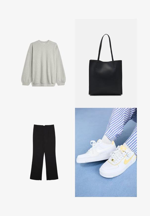 Siv sweatshirt iz mehkega blaga, z okroglim izrezom, dolgimi rokavi z elastičnimi manšetami in sproščenim krojem. Brez vzorcev ali dodatkov.; Črne hlače ravnega kroja z naglavnimi žepi in stranskimi razporki na robu. Narejene iz mehke, gladke tkanine. Primerne za različne priložnosti.; Bele Nike Air Force 1 superge z rumenimi detajli in perforiranim prstnim delom, v kombinaciji z črtastimi modrimi in belimi hlačami. Teksturirana modra ozadja.; Črna usnjena torba s svilnato teksturo, pravokotne oblike in dvema dolgima ročajema. Brez vidnih metalnih delov ali okrasnih elementov.