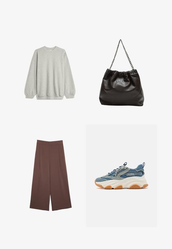 Sivá mikina vyrobená z mäkkej tkaniny, s klasickým okrúhlym golierom, dlhými rukávmi s elastickými manžetami a voľným strihom. Bez vzorov alebo akcentov.; Hnedé nohavice so širokými nohavicami a hladkou textúrou, s vysokým pásom a prednými skladmi. Tkanina je ľahká a voľne sa pohybuje.; Denim tenisky s vrstveným modrým dizajnom, so strapcovými detailmi, bielou masívnou podrážkou a hnedou gumovou podrážkou pre lepšiu priľnavosť.; Hnedá kožená taška so zberaným vrchom a reťazovým popruhom. Hladký povrch s lesklým finišom a jemným švom po stranách.