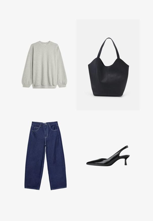 Felpa grigia realizzata in morbido tessuto, caratterizzata da un collo tondo, maniche lunghe con polsini elastici e una vestibilità rilassata. Senza motivi né decorazioni.; Pantaloni a gamba larga in denim blu scuro con vita alta, cinque tasche e cuciture bianche a contrasto. Texture liscia, design classico.; Pumps nere con cinturino posteriore e punta affusolata, realizzate in materiale sintetico testurizzato, con tacco sottile e design aperto ai lati.; Borsa tote nera realizzata in pelle liscia, con una parte superiore curva e aperta, dotata di due manici per spalla e un design minimalista.