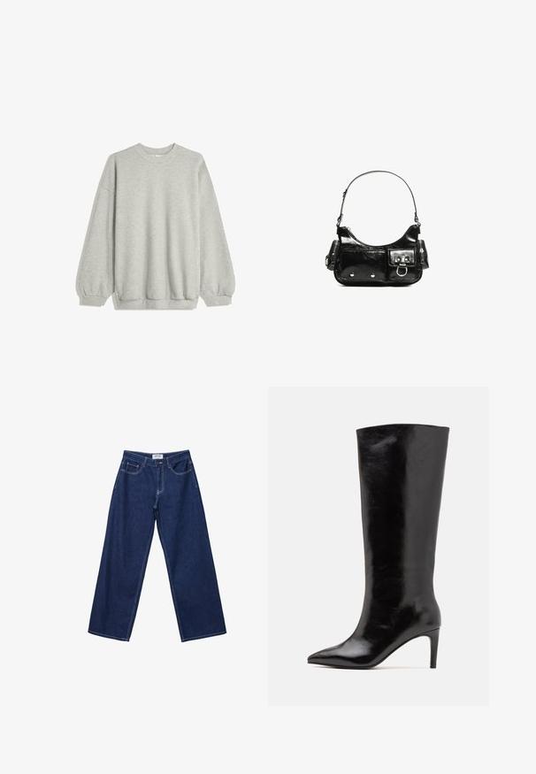 Gray sweatshirt made of soft fabric, featuring a crew neck, long sleeves with elastic cuffs, and a relaxed fit. No patterns or accents.; Wide-leg dark blue denim jeans with a button closure, five pockets, and contrasting white stitching. The fabric has a smooth, slightly textured finish.; Call it Spring RHODDE - High heeled boots - black; Black patent leather handbag with a curved shape, one shoulder strap, front pockets, and silver-tone hardware accents.