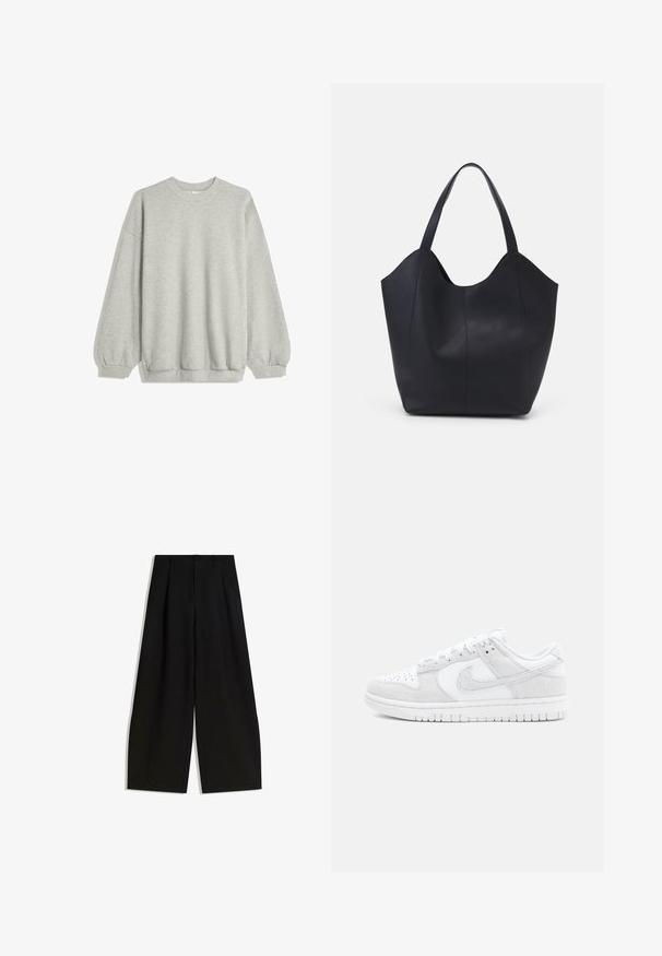 Szara bluza z miękkiego materiału, z okrągłym dekoltem, długimi rękawami z elastycznymi mankietami oraz luźnym krojem. Bez wzorów i akcentów.; Czarne spodnie szerokie z gładkiego materiału, z wysokim stanem, plisami z przodu i bez widocznych ozdób czy wzorów.; Białe sneakersy Nike z mieszanki teksturowanej skóry i zamszu, z niskim krojem, okrągłym noskiem i wzorzystą gumową podeszwą.; Czarna torba na ramię wykonana z gładkiej skóry, z zaokrąglonym, otwartym topem i dwoma paskami na ramię oraz minimalistycznym designem.
