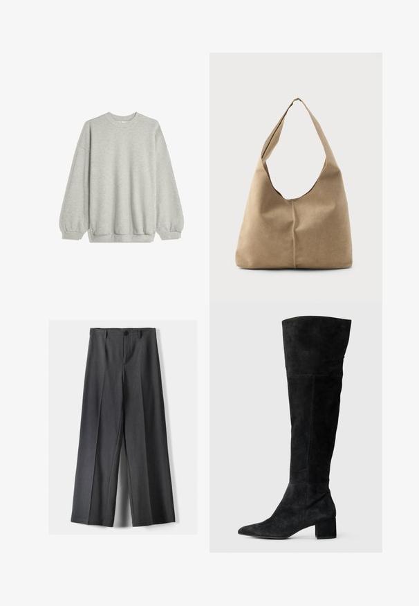 Szara bluza z miękkiego materiału, z okrągłym dekoltem, długimi rękawami z elastycznymi mankietami oraz luźnym krojem. Bez wzorów i akcentów.; Spodnie o szerokich nogawkach w ciemnoszarym kolorze, z zapięciem na guzik, plisami z przodu i szlufkami na pasek. Gładka faktura z dopasowanym krojem.; Czarne zamszowe kozaki za kolano z migdałowym noskiem i szerokim obcasem. Gładka faktura z bocznym przeszyciem i dopasowanym krojem.; Torba hobo w miękkim beżowym zamszu o luźnym kształcie, szerokim pasku na ramię i ręcznie szytym szczególe na przedzie.