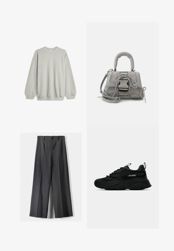 Gray sweatshirt made of soft fabric, featuring a crew neck, long sleeves with elastic cuffs, and a relaxed fit. No patterns or accents.; Wide-leg trousers in dark grey fabric, featuring a button closure, front pleats, and belt loops. Smooth texture with a tailored design.; Black Steve Madden chunky sneaker with mesh panels, thick sole, pull tabs on tongue and heel, side logo lettering, shown in profile.; Gray textured handbag featuring a padded handle, mesh accents, adjustable strap, and a front clasp. Compact design with a rounded shape.