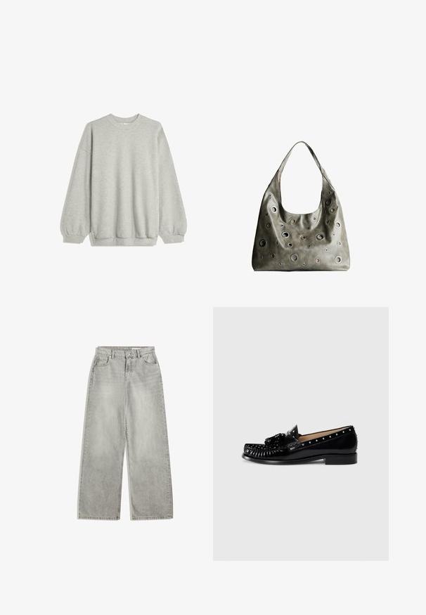 Harmaa huppari, joka on valmistettu pehmeästä kankaasta. Siinä on pyöreä kaula-aukko, pitkät hihat elastisilla hihoilla ja rento istuvuus. Ei kuvioita tai korostuksia.; Vaaleanharmaat leveälahkeiset farkut, joissa on korkea vyötärö, viisi taskua, vetoketju ja hillitty kulutusjälki. Valmistettu sileästä denimgardistosta.; Mustat nahkakengät, joissa on koristeellinen ommel, metallinastat yläosassa, matala korko ja teksturoitu nauha etuosassa.; Oliivinvihreä nahkalaukku, jossa on rento muotoilu, ja jossa on erilaisia kokoisia pyöreitä läpivientejä sekä tummempia ja vaaleampia yksityiskohtia.