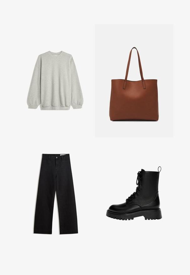Felpa grigia realizzata in morbido tessuto, caratterizzata da un collo tondo, maniche lunghe con polsini elastici e una vestibilità rilassata. Senza motivi né decorazioni.; Pantaloni in denim neri a gamba larga con vita alta, dotati di tasche anteriori e posteriori, cuciture a punto, e chiusura con bottone. Texture liscia.; Stivale alla caviglia con lacci di colore nero, realizzato in pelle sintetica, con una suola spessa, un passante e dettagli di cucitura evidenti.; Borsa tote in pelle marrone con texture liscia, design con apertura superiore e due spallacci. Presenta cuciture minime e nessun hardware visibile.