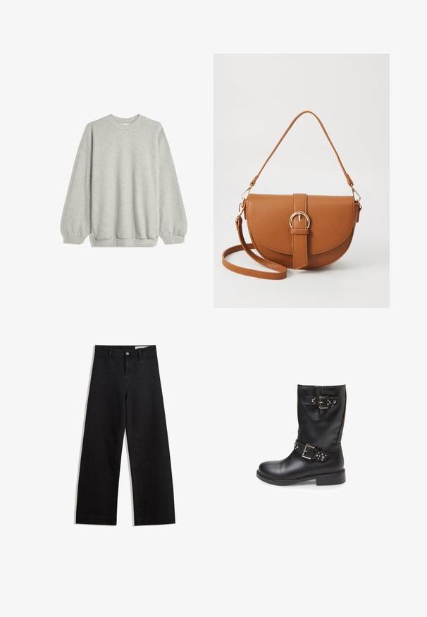 Harmaa huppari, joka on valmistettu pehmeästä kankaasta. Siinä on pyöreä kaula-aukko, pitkät hihat elastisilla hihoilla ja rento istuvuus. Ei kuvioita tai korostuksia.; Mustat leveät farkut korkealla vyötäröllä, joissa on etu- ja takataskut, ommellut saumat ja nappisuljenta. Silkinoinen rakenne.; Bata Biker-/cowboynilkkurit - nero; Ruskean nahkainen olkalaukku, jossa on kaareva muoto, kultaiset yksityiskohdat ja solkiyksityiskohta. Varustettu irrotettavalla olkahihnalla.