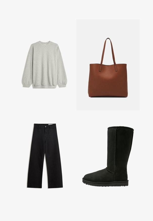 Grå sweatshirt av mjukt tyg, med rundad halsringning, långa ärmar med elastiska muddar och en avslappnad passform. Ingen mönster eller detaljer.; Svarta vida denimbyxor med hög midja, med fram- och bakfickor, sydda sömmar och knappstängning. Slät textur.; Svart mocka höga stövlar med rund tå, stygnsömmar och en texturerad gummisula. Enkelt design, utan dekorativa inslag.; Brun läder tote-väska med en slät textur, öppen toppdesign och två axelremmar. Har minimal söm och ingen synlig metalldetalj.