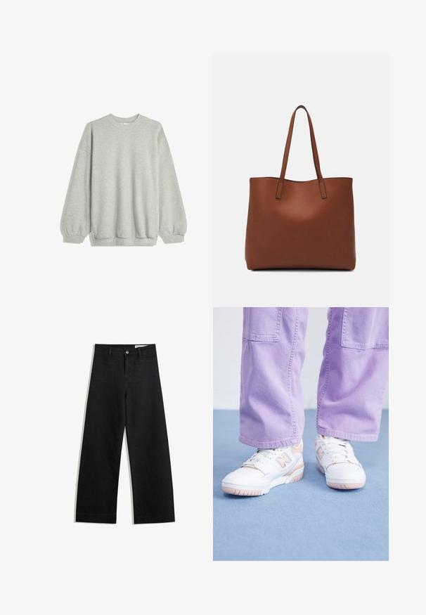 Szürke pulóver, amely puha anyagból készült, kerek nyakkivágással, hosszú ujjakkal, rugalmas mandzsettákkal és laza fazonnal. Nincsenek minták vagy díszítések.; Fekete, bő szabású farmernadrág magas derékkal, elülső és hátsó zsebekkel, varrott felületekkel és gombos záródással. Sima textúra.; Fehér sportcipők rózsaszín részletekkel, texturált bőr felsőrésszel és gumitalppal, világoslila széles lábú nadrággal párosítva egy kék felületen.; Barna bőr vászontáska sima textúrával, nyitott tetejű dizájnnal és két vállpánttal. Minimális varrással és látható hardver nélkül készült.