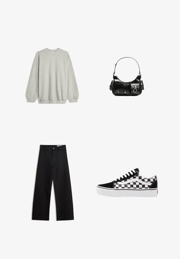 Siva dukserica izrađena od mekog materijala, s okruglim izrezom, dugim rukavima s elastičnim manžetama i opuštenim krojem. Nema uzoraka ni naglasaka.; Crne široke traperice s visokim strukom, s prednjim i stražnjim džepovima, šivenim šavovima i kopčanjem na gumb. Glatka tekstura.; Crno-bijele kvadratne platnene tenisice s crnim anilinskim detaljima, bijelim vezicama i gumenenim potplatom. Bočni logotip ima kontrastni dizajn.; Crna patentna kožna torba s zakrivljenim oblikom, jednim remenom za rame, prednjim džepovima i akcentima od srebrnog tona.