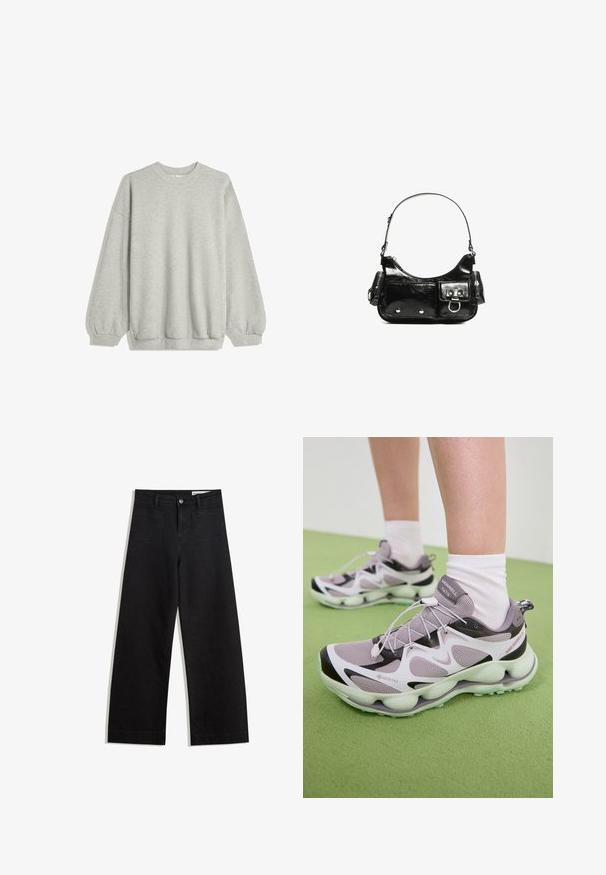 Siva dukserica izrađena od mekog materijala, s okruglim izrezom, dugim rukavima s elastičnim manžetama i opuštenim krojem. Nema uzoraka ni naglasaka.; Crne široke traperice s visokim strukom, s prednjim i stražnjim džepovima, šivenim šavovima i kopčanjem na gumb. Glatka tekstura.; Svijetloplave GORE-TEX atletske cipele s teksturiranim mrežastim gornjim dijelom, crnim akcentima i oblikovanom potplatom. Sadrži elastične vezice i podstavljeni ovratnik.; Crna patentna kožna torba s zakrivljenim oblikom, jednim remenom za rame, prednjim džepovima i akcentima od srebrnog tona.