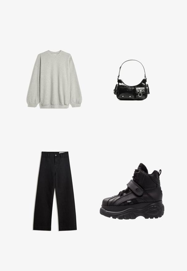 Siv sweatshirt iz mehkega blaga, z okroglim izrezom, dolgimi rokavi z elastičnimi manšetami in sproščenim krojem. Brez vzorcev ali dodatkov.; Črne široke denim hlače z visokim pasom, ki imajo sprednje in zadnje žepe, šivane šive ter gumbasto zapiranje. Gladka tekstura.; Črne visoke športne copate z debelim gumijastim podplatom, usnjeno zgornjo stranjo, vezalkami in zapiranjem na Velcro ter stranskimi ploščicami z teksturo.; Črna lakasta usnjena torbica s ukrivljeno obliko, enim ramenskim trakom, sprednjimi žepi in srebrnimi kovinskimi dodatki.