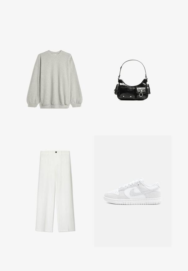 Sweatshirt gris en tissu doux, avec un col rond, des manches longues à poignets élastiques et une coupe décontractée. Pas de motifs ni d'accents.; Pantalons blancs à jambe large avec une texture lisse, dotés d'une fermeture à bouton à l'avant et de passants de ceinture, conçus pour un fit décontracté.; Baskets Nike blanches avec un mélange de cuir texturé et de suède, au design bas, à bout rond et avec une semelle en caoutchouc à motifs.; Sac à main en cuir verni noir avec une forme incurvée, une bandoulière, des poches avant et des accents en métal argenté.