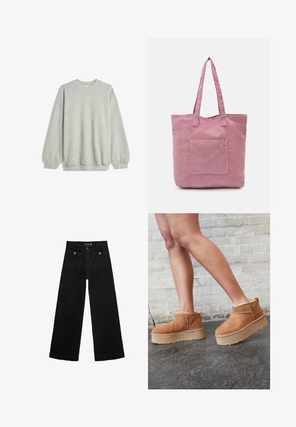 Sivá mikina vyrobená z mäkkej tkaniny, s klasickým okrúhlym golierom, dlhými rukávmi s elastickými manžetami a voľným strihom. Bez vzorov alebo akcentov.; Čierne široké nohavice s vysokým pásom, s dvoma prednými vreckami a kovovými detailmi na gombíku. Tkanina má hladkú textúru.; Hnedé semišové kotníkové čižmy s mäkkou podšívkou, hrubou béžovou platformou a zadným pútkom na obutie. Textúrovaný povrch s viditeľnými švami.; Ružová kordurová taška s dvoma dlhými uchami, obsahujúca predné vrecko a jemnú ryhovanú textúru. Hladký interiér.