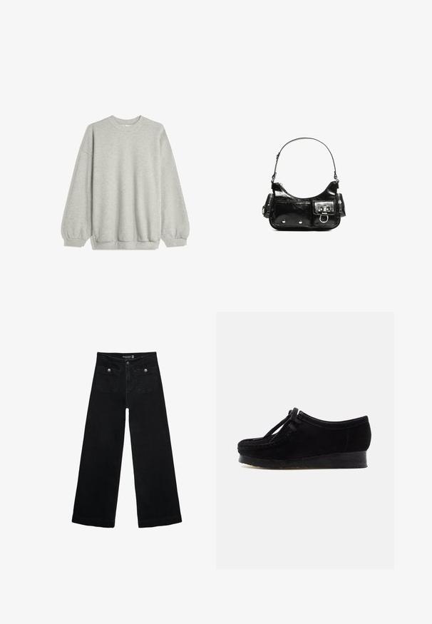 Siv sweatshirt iz mehkega blaga, z okroglim izrezom, dolgimi rokavi z elastičnimi manšetami in sproščenim krojem. Brez vzorcev ali dodatkov.; Črne široke kavbojke z visokim pasom, ki imajo dva sprednja žepa in kovinske gumbi. Tkanina ima gladko teksturo.; Črne semiš čevlje z zaobljenim nosom, šivi v obliki predpasnika in detajli vezalk. Imajo nizek gumijast podplat za dodatno udobje.; Črna lakasta usnjena torbica s ukrivljeno obliko, enim ramenskim trakom, sprednjimi žepi in srebrnimi kovinskimi dodatki.