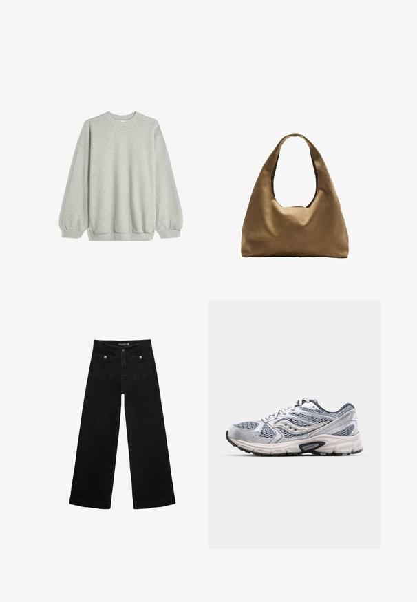 Siva dukserica izrađena od mekog materijala, s okruglim izrezom, dugim rukavima s elastičnim manžetama i opuštenim krojem. Nema uzoraka ni naglasaka.; Crne široke traperice s visokim strukom, koje imaju dva prednja džepa i metalne gumbe kao ukrase. Tkanina ima glatku teksturu.; Srebrne trkačke tenisice s mrežastim gornjim dijelom, podstavljenom potplatom i sivim detaljima. Imaju zaobljen vrh i vezivanje. Vidljiv logo branda.; Smeđa platnena torba za rame s širokim, zaobljenim tijelom i velikim izrezanim drškom. Mekana tekstura, minimalistički dizajn i bez vidljivog hardvera.