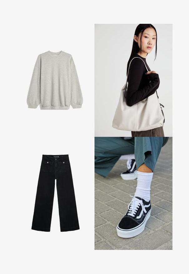 Felpa grigia realizzata in morbido tessuto, caratterizzata da un collo tondo, maniche lunghe con polsini elastici e una vestibilità rilassata. Senza motivi né decorazioni.; Jeans neri a gamba larga con vita alta, dotati di due tasche frontali e dettagli in metallo sui bottoni. Il tessuto ha una texture liscia.; Sneaker in suede nero con dettagli e lacci bianchi, caratterizzato da una suola spessa bianca e cuciture a contrasto, abbinato a un calzino bianco.; Borsa a mano beige realizzata in materiale morbido, caratterizzata da un design morbido, dettagli cuciti e due manici. Adatta per l'uso quotidiano.